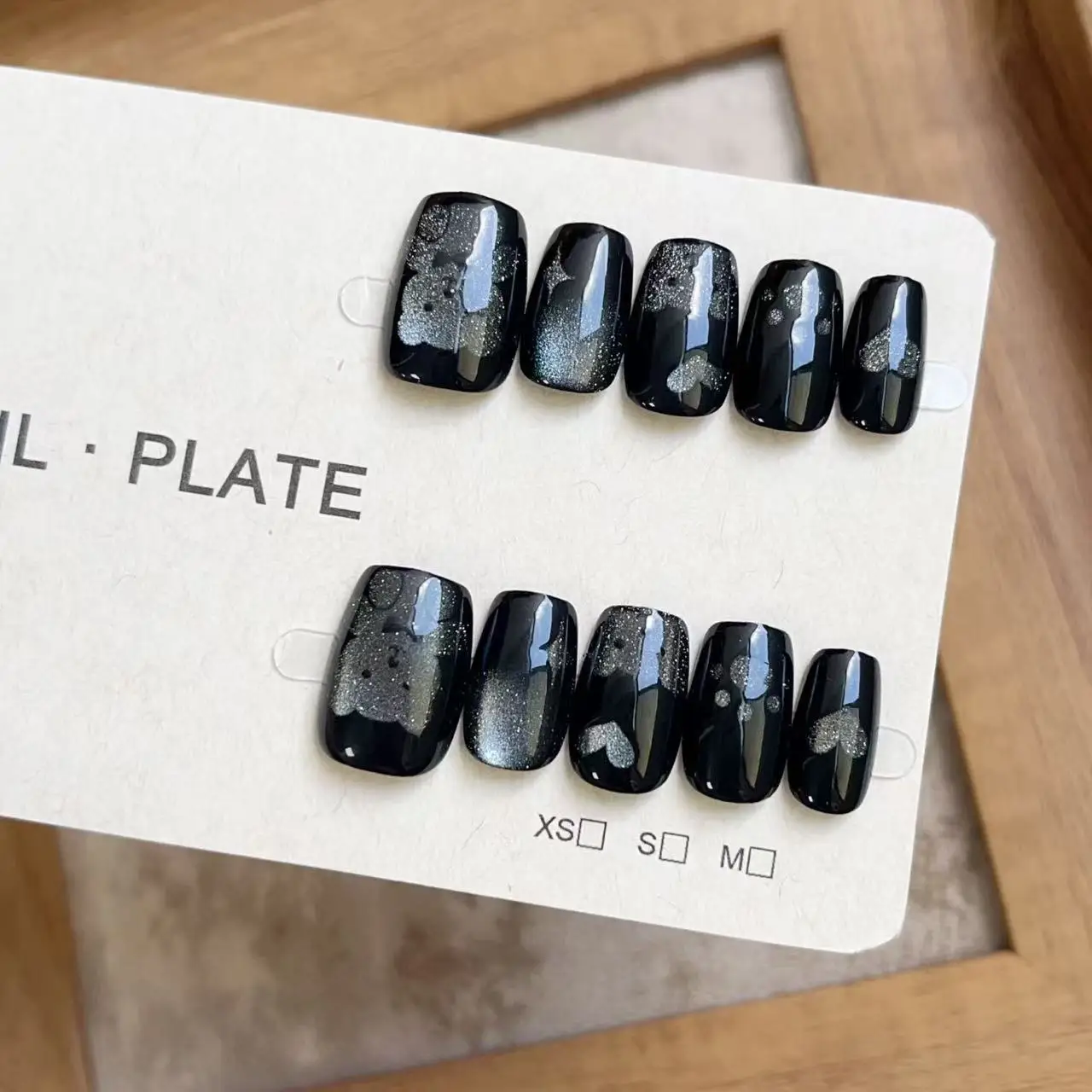 

10pcs Short Square Handmade Press On False Nails Tips Black Bear Removable Wearable Cute Cat Eye Women Fake Nail