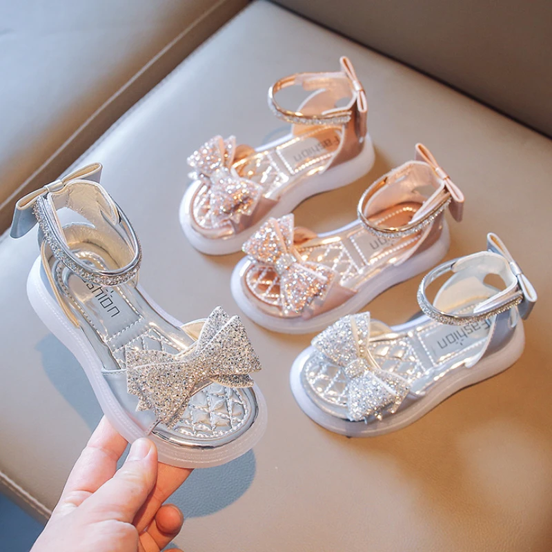 

Girls Sandals Summer Fashion Sequins Cute Bow Princess Shoes Soft Falt Children Beach Kids Footwear 23-36