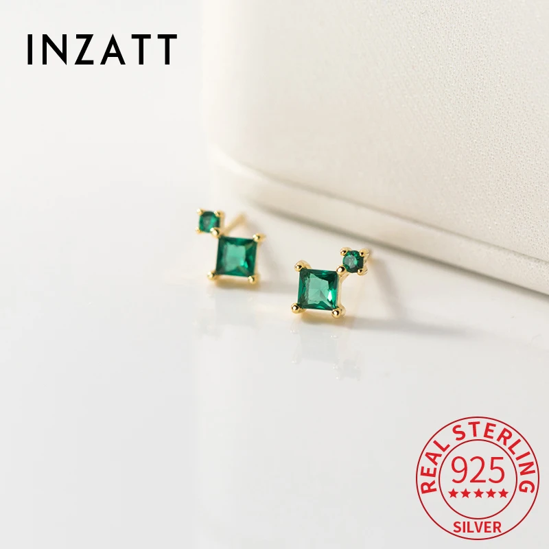 

INZATT Real 925 Sterling Silver Square Zircon Geometric Stud Earrings for Women Classic Fine Jewelry Ear Hole Care Accessories