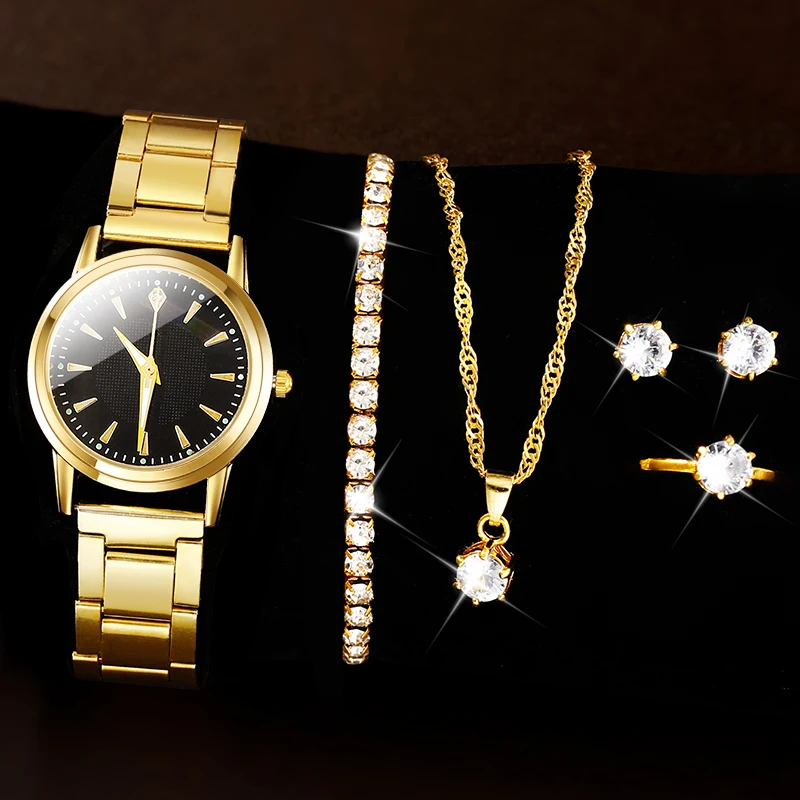 6PCS Set Golden Luxury Watch Women Ring Necklace Earring Rhinestone Fashion Wristwatch Casual Ladies Bracelet Watches