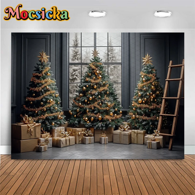 Mocsicka Christmas Tree Photography Backdrop Five-Pointed Star Gift Window Indoor Grey Wall Background Celebrate Decor Photocall