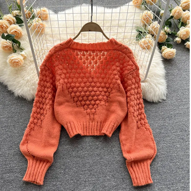 Laranja oco para fora acrílico malha lanterna manga com decote em v cardigan feminino único breasted camisola cardigan para roupas femininas