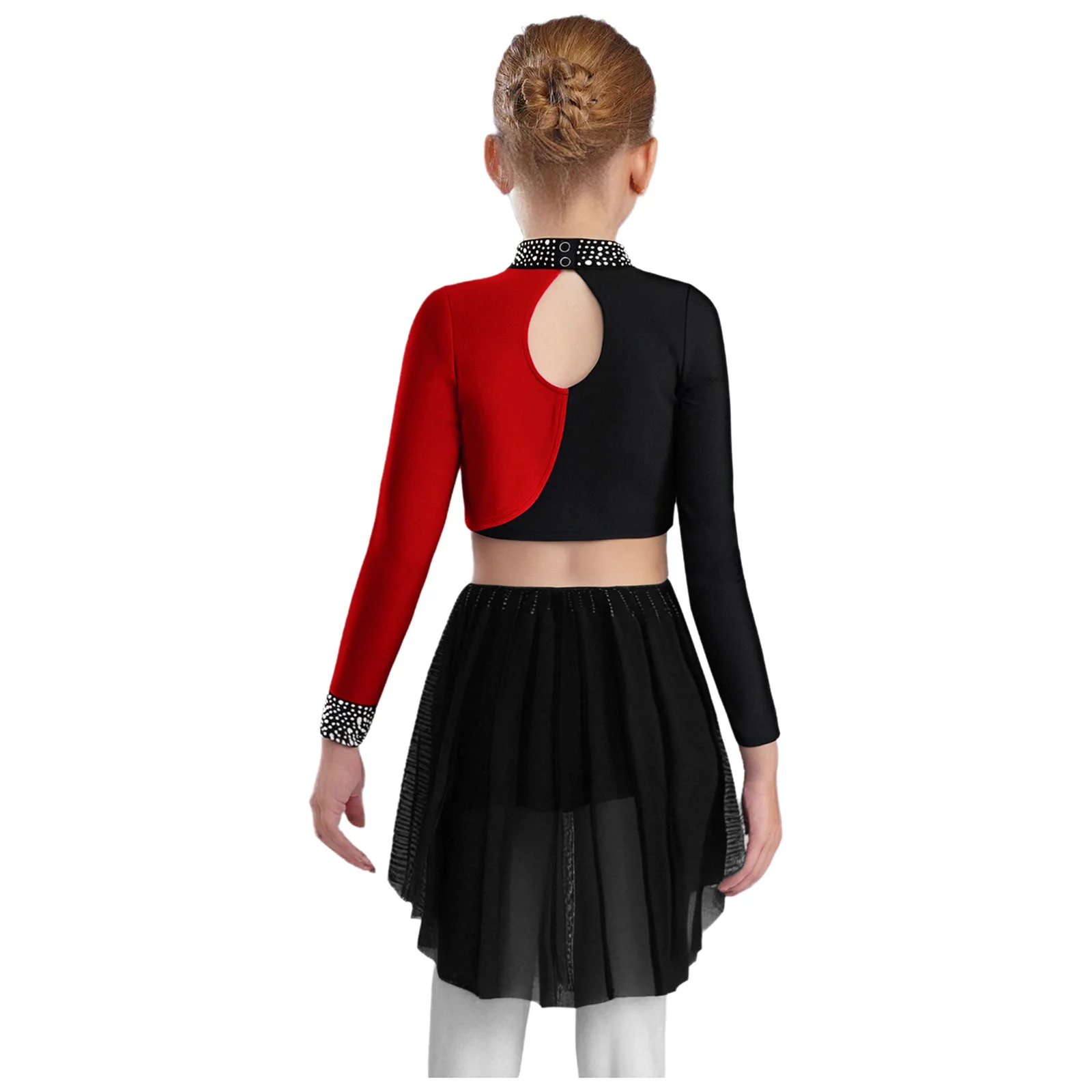 Kinderen Meisjes Lyrische Ballet Dans Outfit 2 Stuks Sparkly Steentjes Lange Mouw Crop Top + Rok Kunstschaatsen Prestaties danskleding