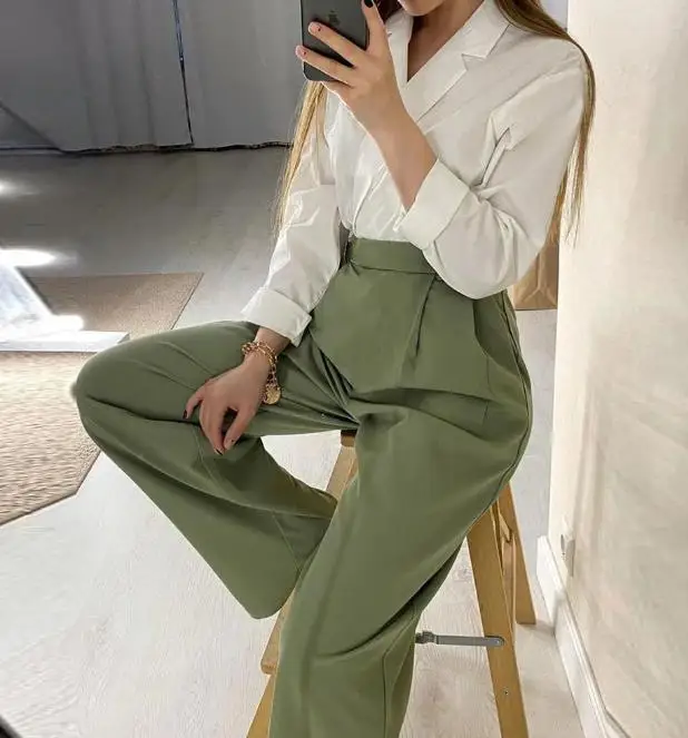 Elegant Two Piece Set Women Outfit 2023 Fashion Casual Office Suit Collar Long Sleeve Shirt & Straight Leg High Waist Pants Set