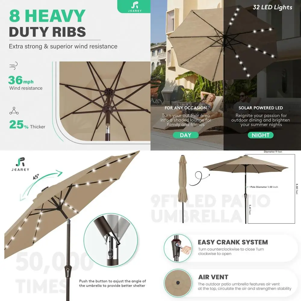 

Solar LED Lighted Tilt & Crank Outdoor Patio Umbrella, Beige for Deck, Yard & Market