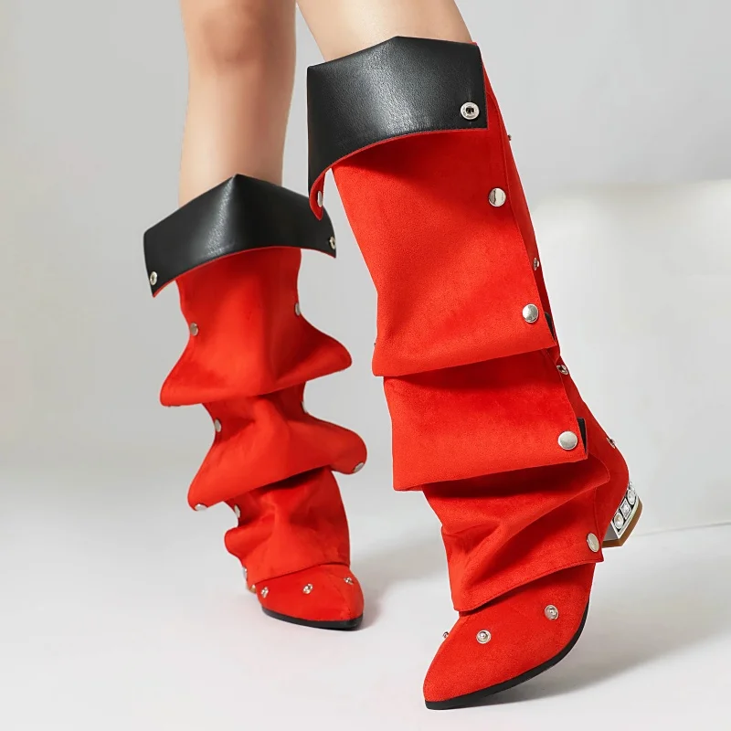 Sexy Punk Boots With Rivet Decoration Rhinestone Square Heel Wrinkled Pointed Toe One Foot Long Tube Fashion Boots For Women