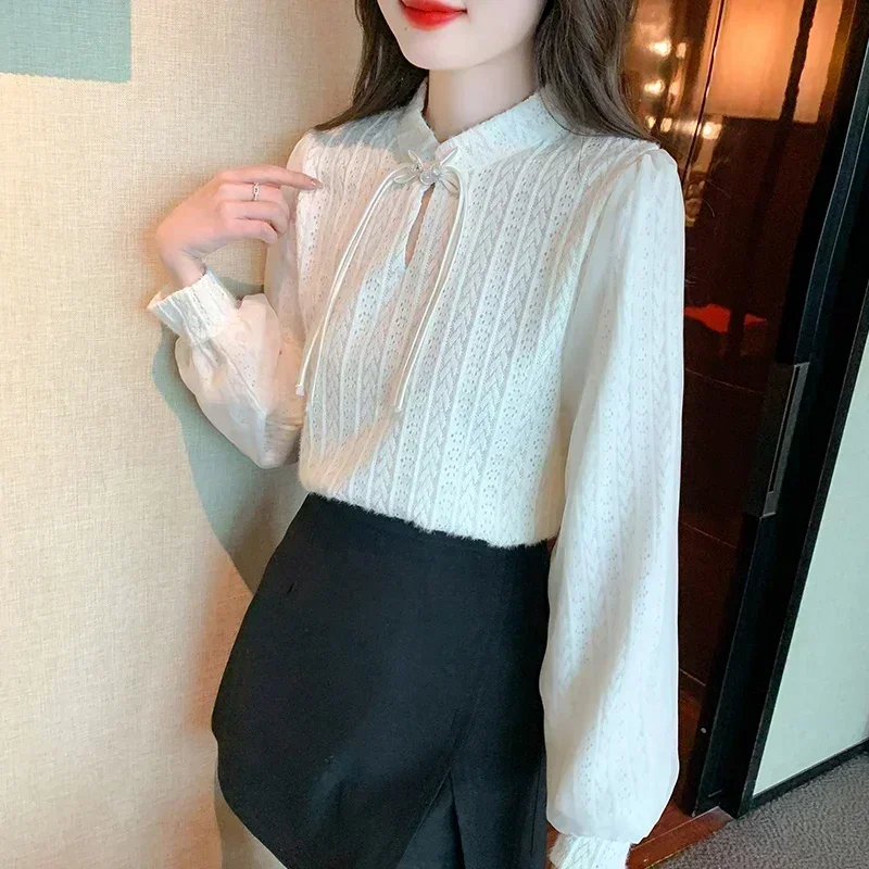 Apricot Office Lady Lace Shirts Fashion Woman Long Sleeve Lace Up Blouse Women Bottoming Tops Female Clothes Elegant New 29750