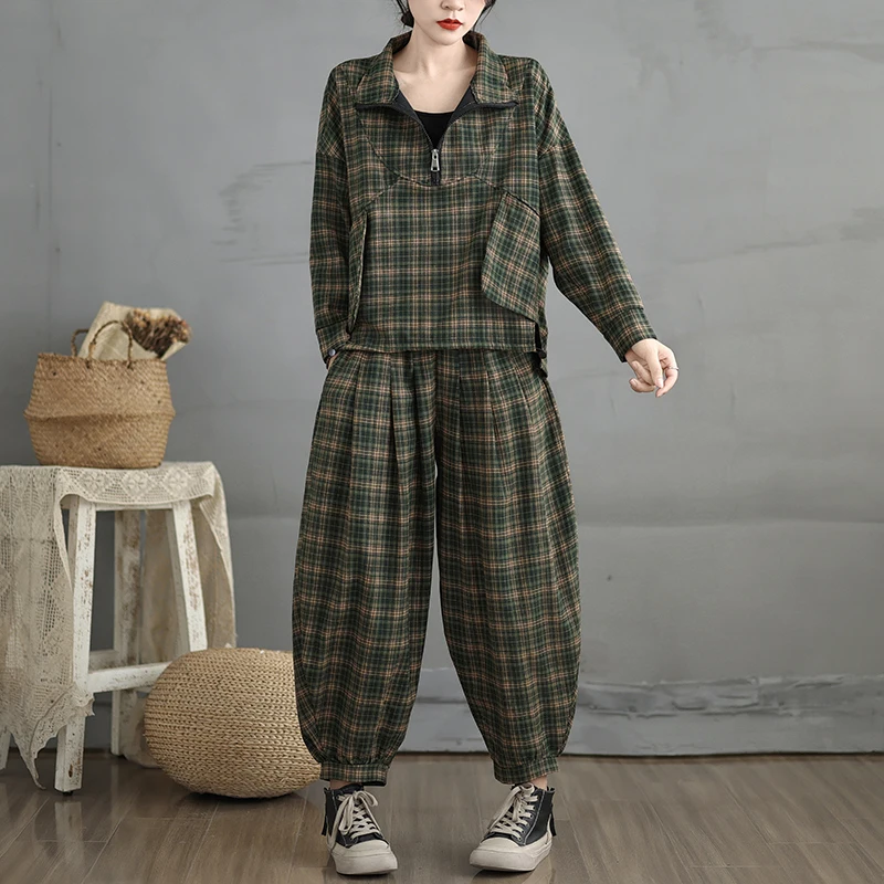 

Faionable Plaid Ретро Хлопок Лен Batwing Sve Long Sve Свободный повседневный комплект из двух предметов для похудения больших размеров Осень 2024 г.