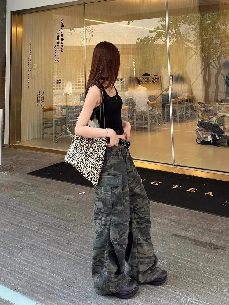 Calças Casuais de Trabalho em Camuflagem Retro Americana Plus Size para Mulheres, Jeans Largos de Cintura Alta com F de Z...