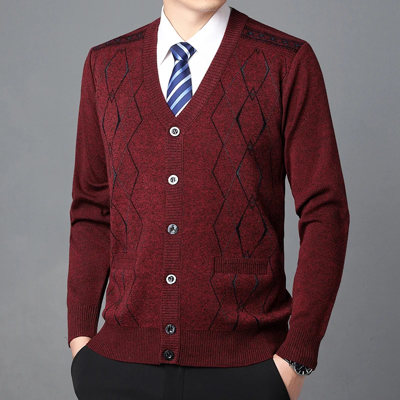 2023 Men's Cardigan Non Plush Fashion Casual Long Sleeved Sweater Warm V-neck Cardigan Coats