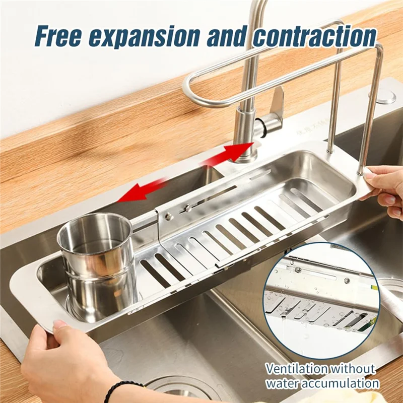 

B03C-Stainless Steel Draining Rack Expandable Sponge Holder For Kitchen Sink Dish Drying Rack For Kitchen Counter
