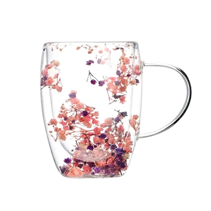 Creatives Real Flower Double Glass High Appearance Level Full Star Dried Flower Milk Coffee Glass 350Ml Household Cup