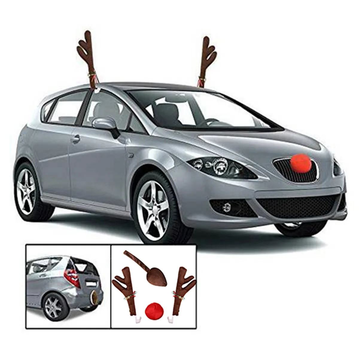 2X Reindeer Decoration Vehicle Nose Horn Costume Set Rudolph Christmas Reindeer Antlers Red Nose Ornaments Elk Antlers