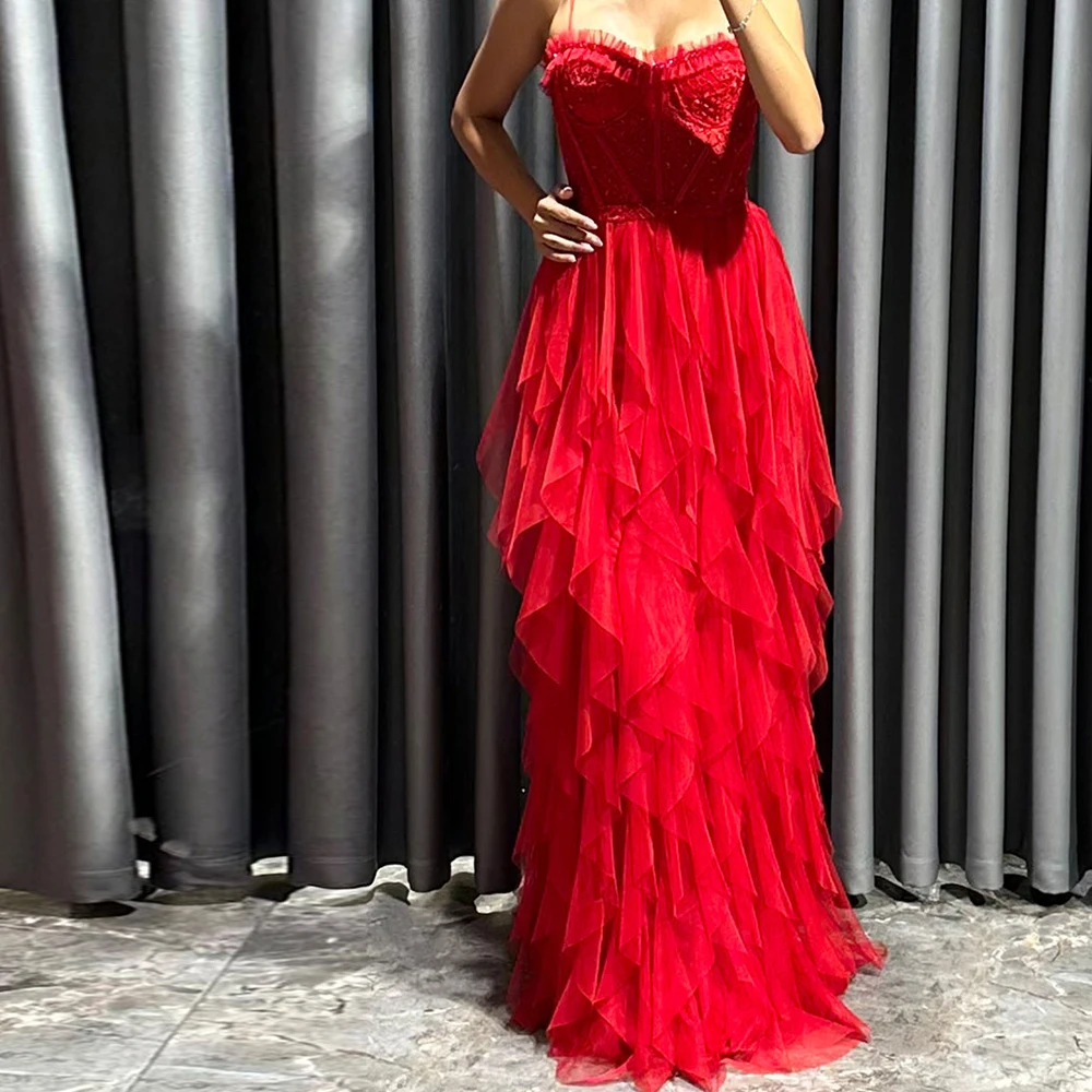 

Customized Modern Spaghetti Straps Tulle Evening Dresses Soft Square Collar Sleeveless Straight Floor Length Vestido De Festa