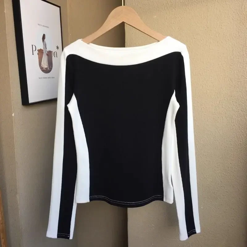 Long Sleeve Contrast Patchwork Street Casual Tops Women Clothing New Spring Autumn All-match Vintage T Shirts Fashion Lazy Style