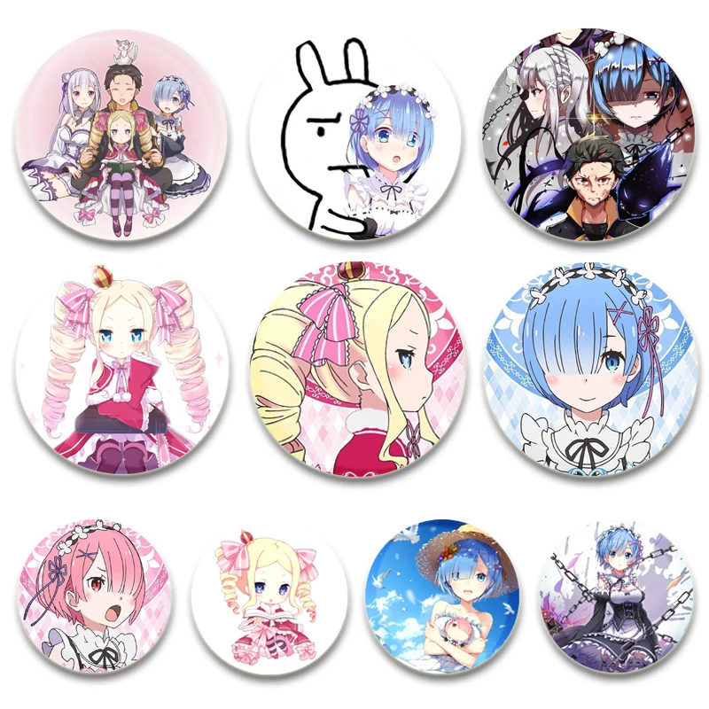 Anime Re Zero Button Pins Emilia Beatrice Rem Ram Cartoon Badge Round Handmade Brooches for Backpack Accessories Gifts