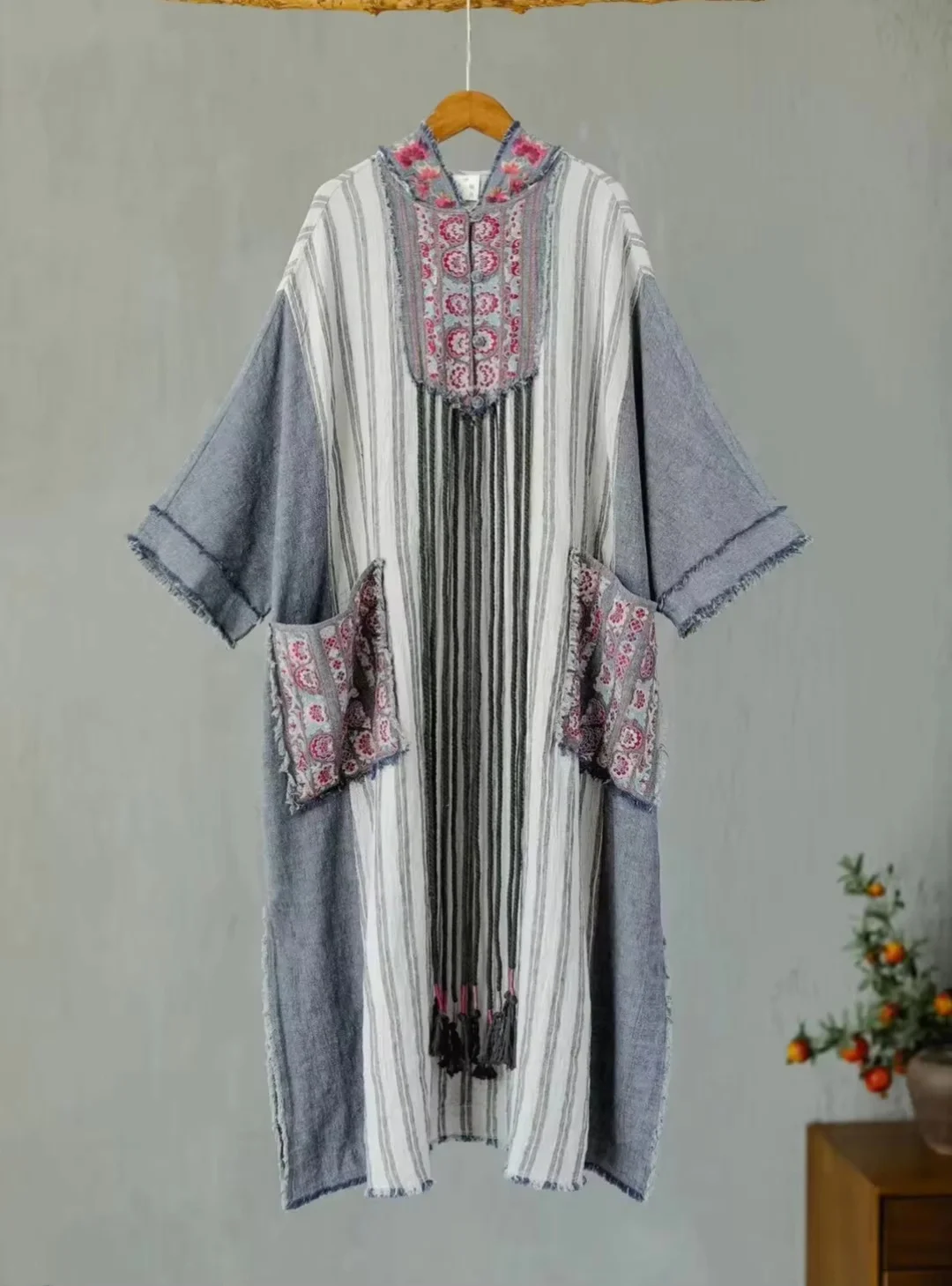 Women's robe Grey cotton linen loose Striped hooded long dresses  Ethnic style embroidery Vintage casual dresses