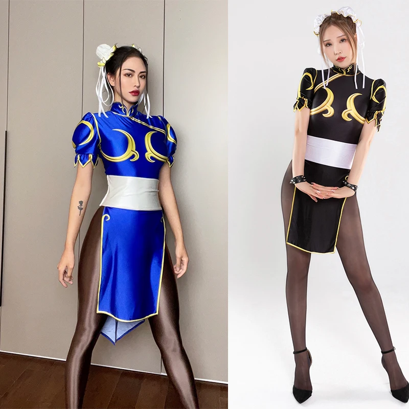 

Cosplay Chunli Qipao Skirt Sexy 4Pcs Set Costume Shiny Glossy Satin One-Piece Body Suit Japanese Anime Street Fighter Roleplay