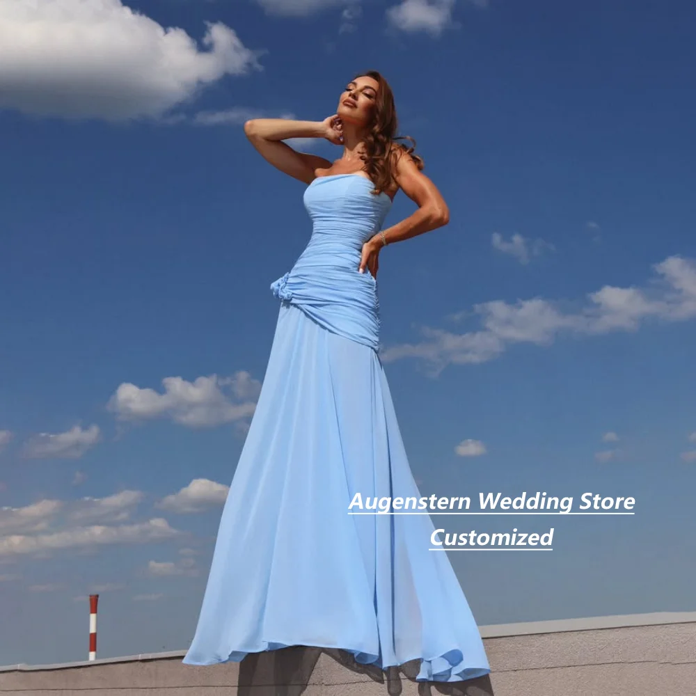 Customized Sky Blue Chiffon A‑Line  Mother Of The Bride Gown Strapless Ruched Bodice 3D Floral For Wedding Guest Party Plus Size