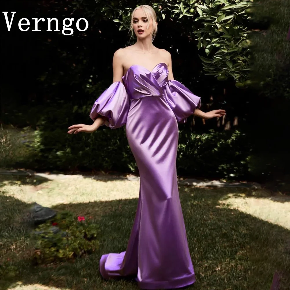 

Verngo Purple Satin Mermaid Prom Gown Sweetheart Simple Party Dress For Women Russia Formal Occasion Dress Short Puff Sleeves