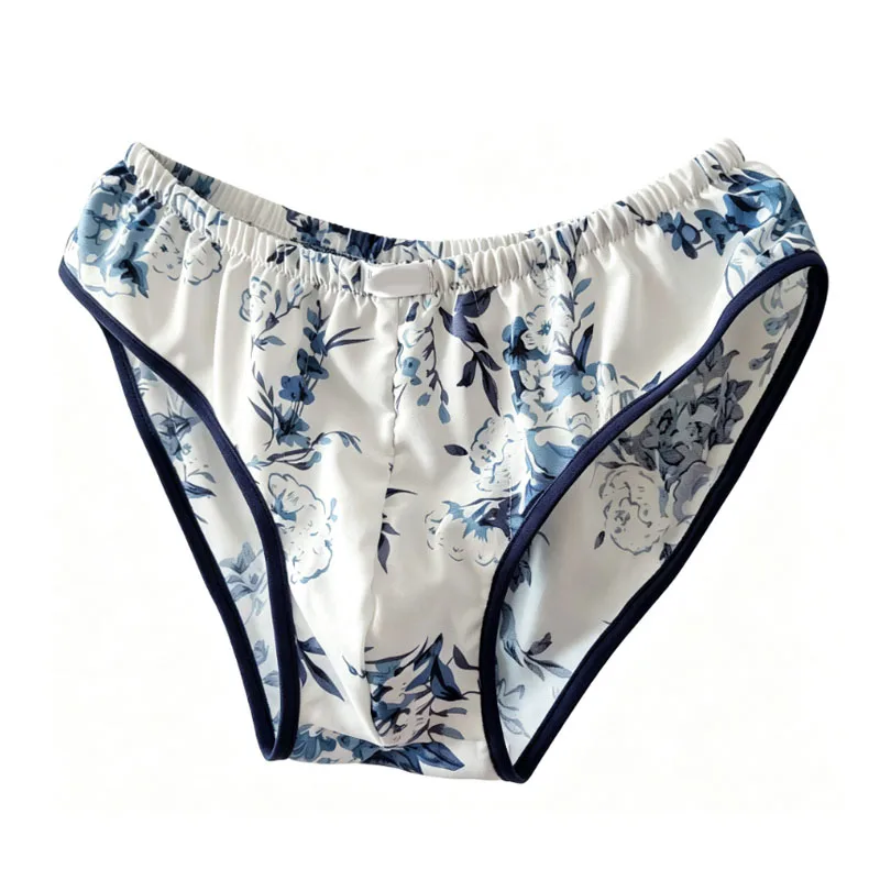 Men Sexy Briefs Printed Elastic Edge Mid Waist Ice Silk Cotton Sissy Panties Silky Touch Sexy Breathable Convex Pouch Underwear