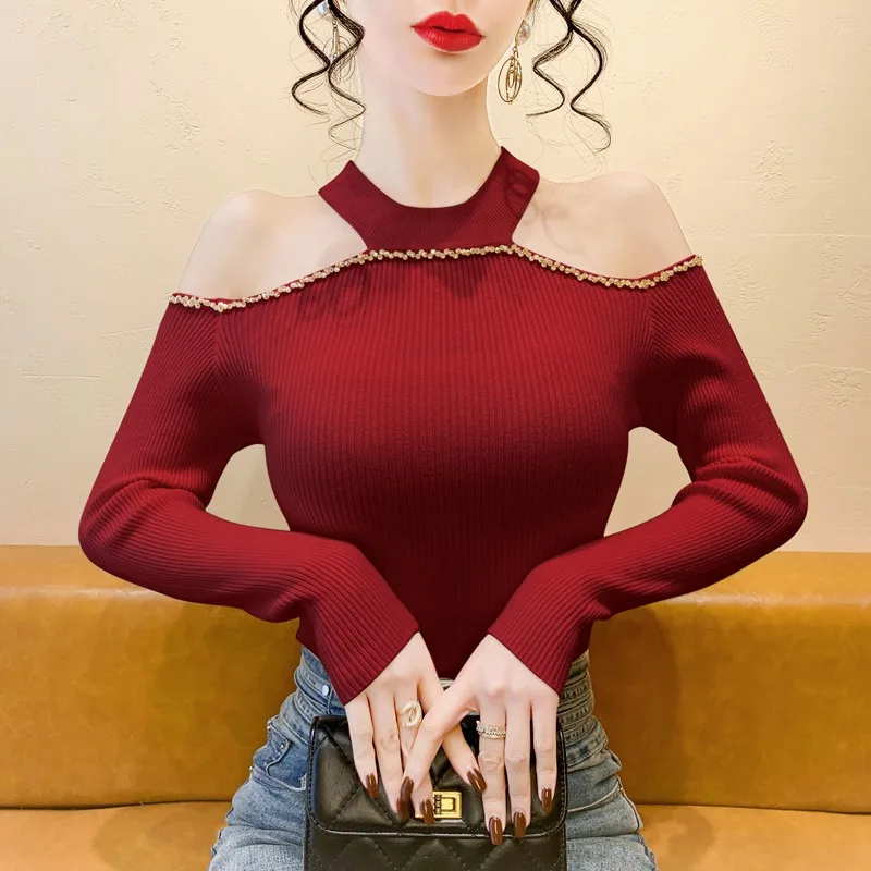 

French Style Slim Fit Knitted Sweater Women's Autumn Winter New Style Shoulder Bared Hollow out Necklace Base Shirt