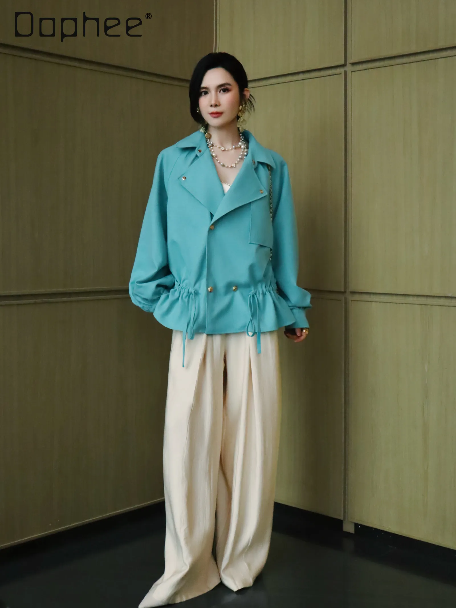 

British Style Fashion Blue Bright Silk Drawstring Waist Short Trench Coat Women Light Luxury Elegant Simple Lapel Loose Trench