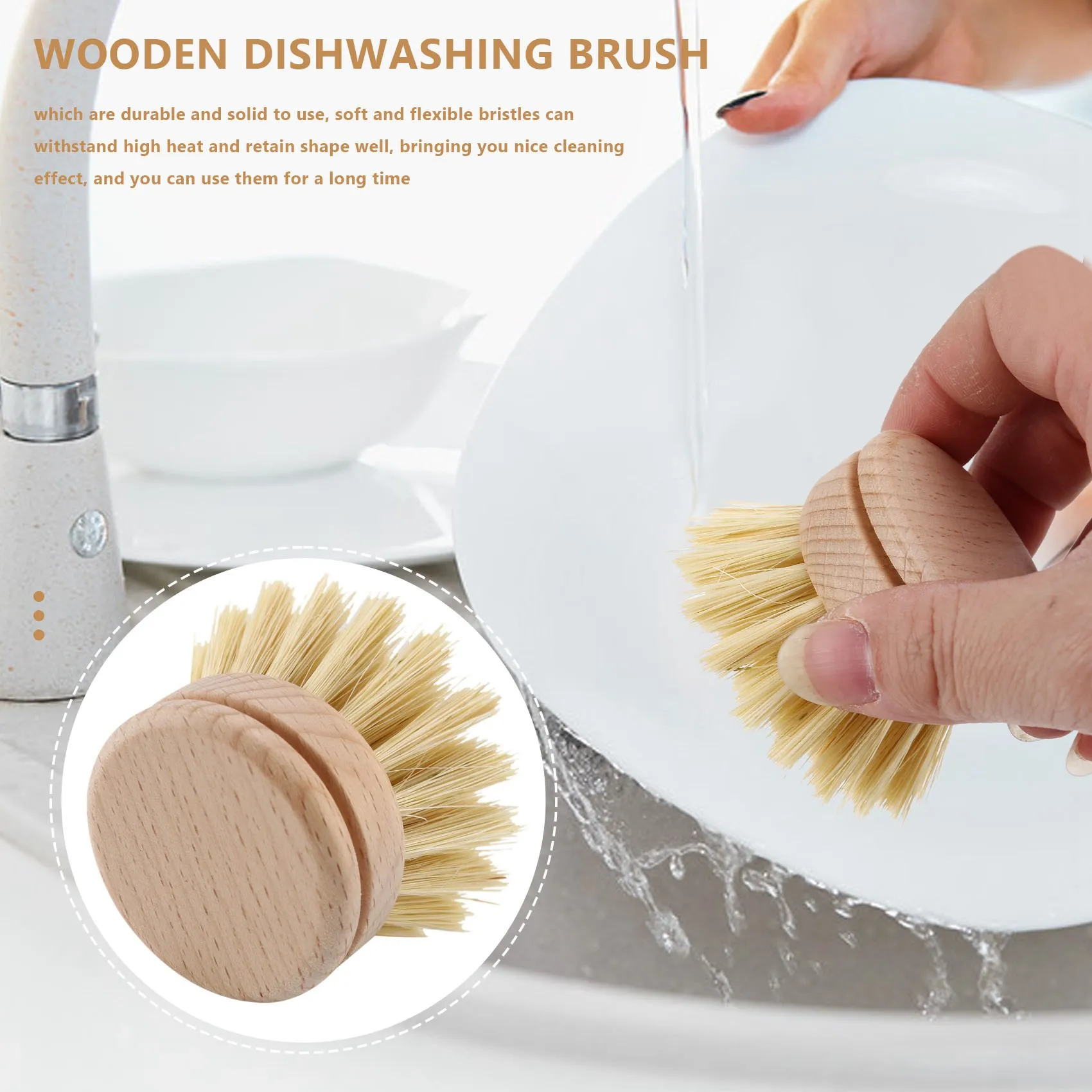 Washing Up Brush,Dish Brush,6 Pcs Replacement Brush Heads Wooden Cleaning Dish Brush Refillable Kitchen Beech