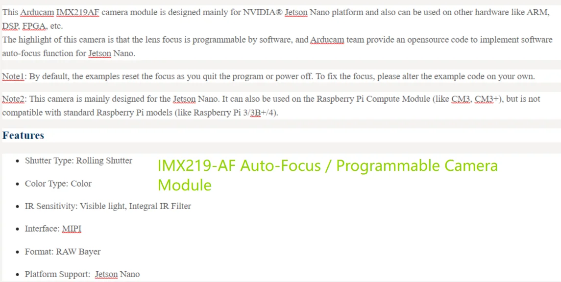 Arducam IMX219-AF Auto-Focus / Programmable Camera Module for NVIDIA Jetson Nano, AI Vision Imaging Board