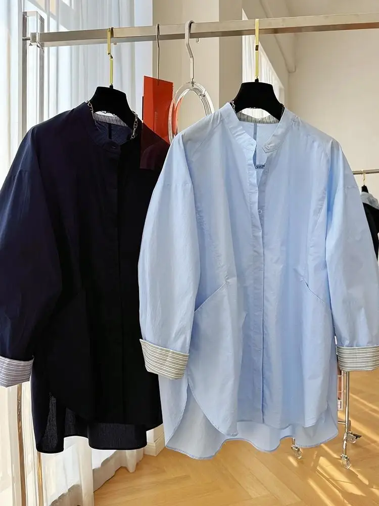 Blusa de mujer 2025 moda Casual suelta contraste manga larga cuello vuelto camisa de mujer Top