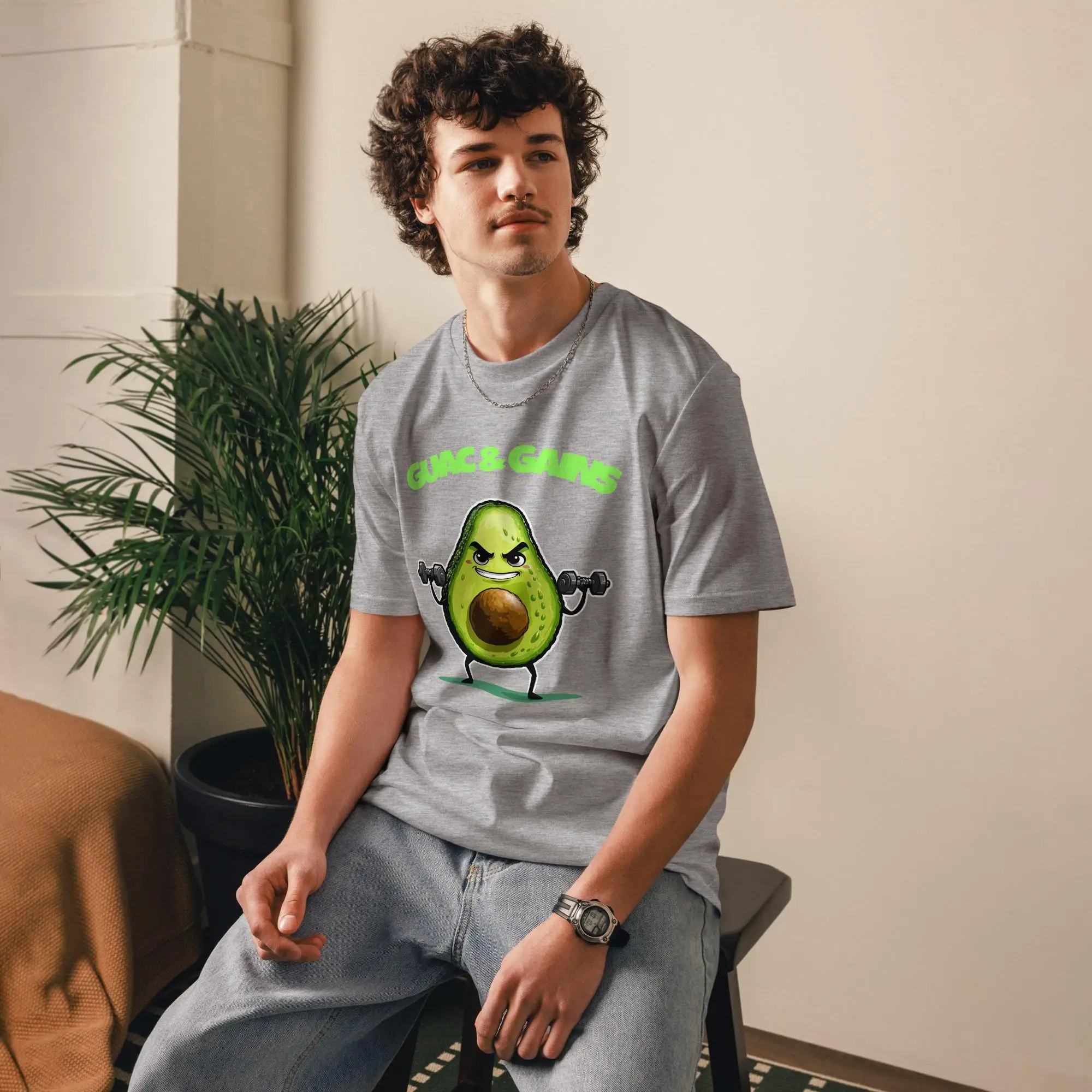 Funny Avocado Gym Shirt Guac & Gains Organic Cotton T-Shirt Plant Based Fitness Tee  High-quality Fashionable Trendy Casual Top