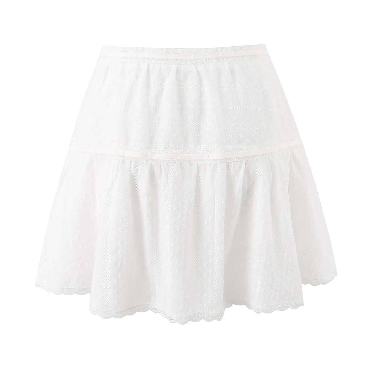 Ballet Girl's High Waist A-lined Ruched Mini Umbrella Skirt White Embroidery Hollow Out Spliced Lace Hem Swing Skater Skirts