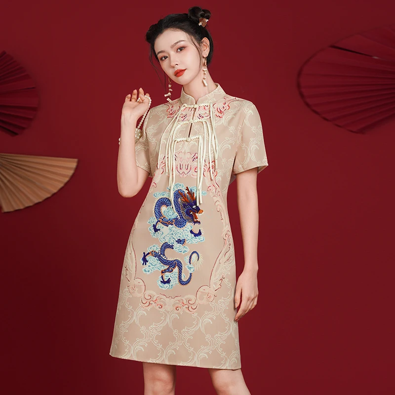 

Dragon Print Qipao Dress Vintage Women's Khaki Cheongsam Modern Oriental Elegant Evening Gown Dresses for Girls