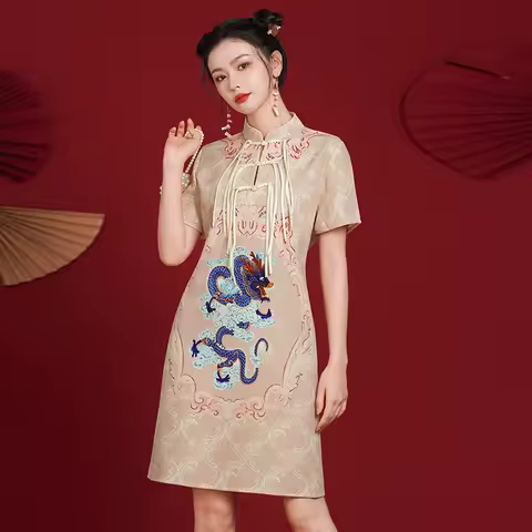 Dragon Print Qipao Dress Vintage Women's Khaki Cheongsam Modern Oriental Elegant Evening Gown Dresses for Girls