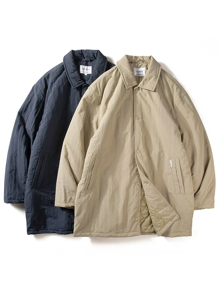 Men's Cotton Jacket Lightweight Waterproof Casual Collar Mid-Length Filled Coat Thin Sle Nylon Fiber Youth Fashion Trend