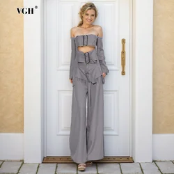 VGH Sexy Solid Two Piece Sets For Women Strapless Off The Shoulder Sleeve Tops High Waist Wide Leg Pants Slimming Set Female New