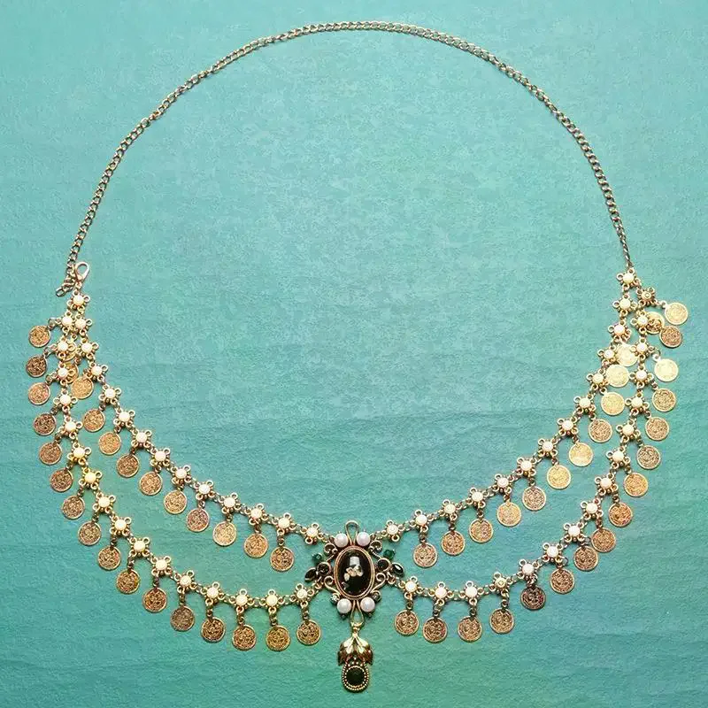 Waist Exaggerated Retro Rhinestone Tassel Metal Chain for Women Luxury Double Layered Craved Coin Belt Chains Body Dress