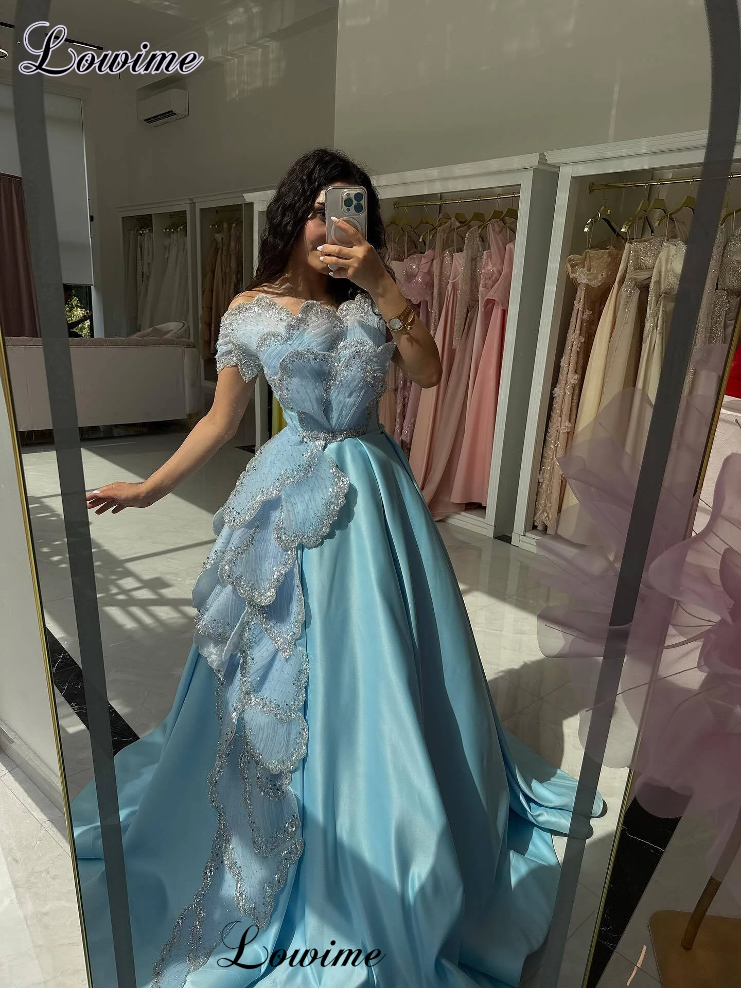 

Sky Blue Special Celebrity Dresses A-Line Strapless Fashion Red Carpet Runway Dresses For Women Evening Gowns Customized