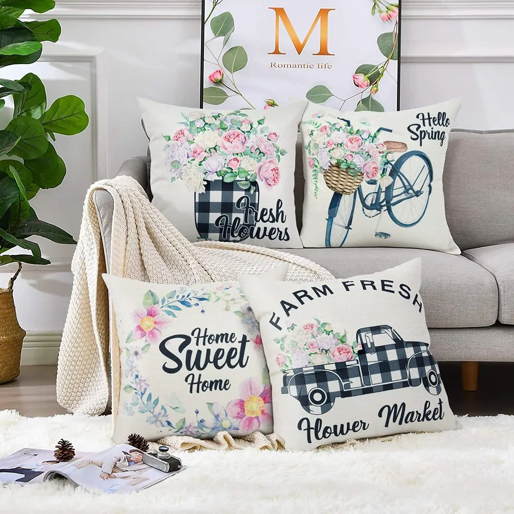 ABFN-Spring Pillow Covers 18X18 Set Of 4 Outdoor Farmhouse Throw Pillows Spring Decorations Cushion Cases For Home Decor