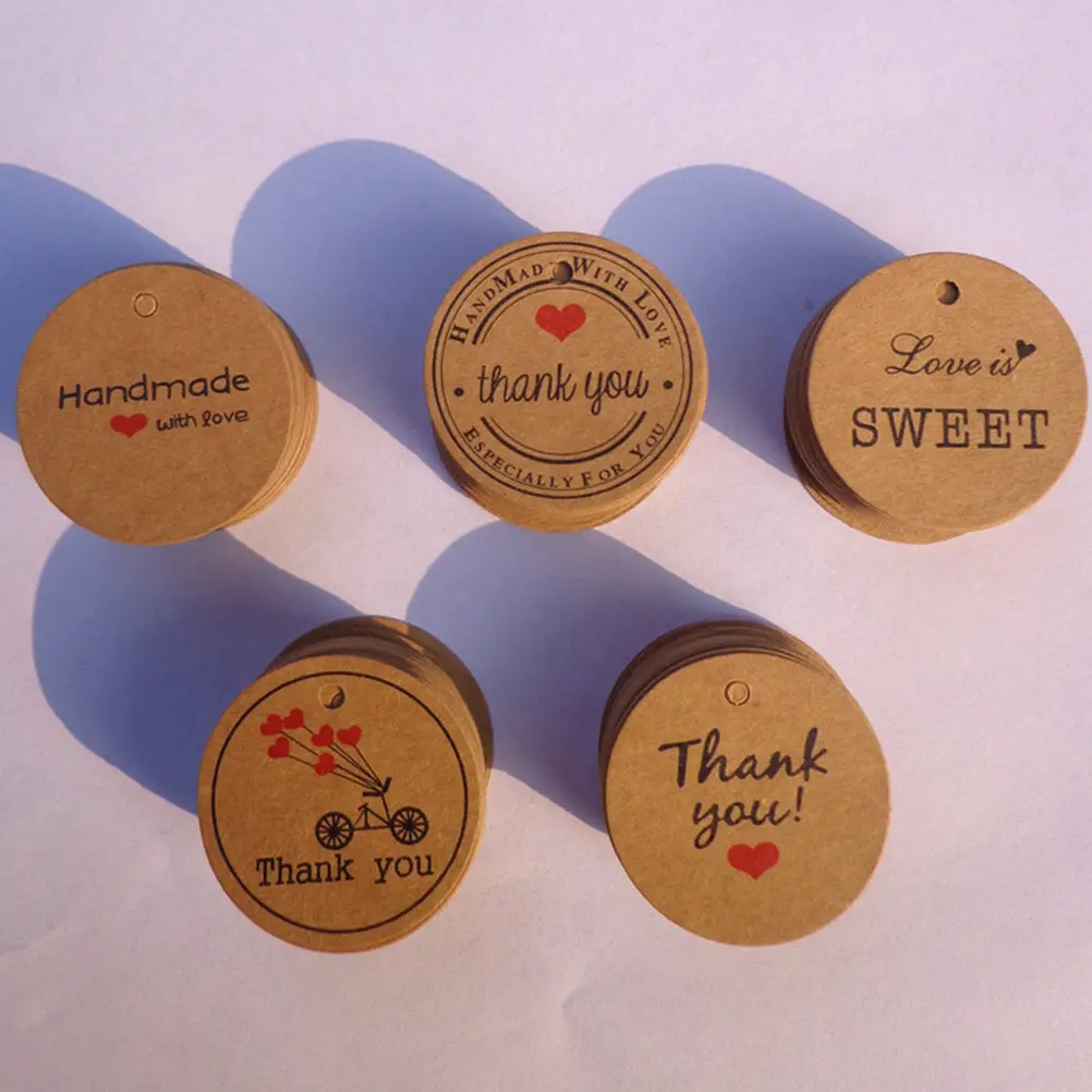 100Pcs Kraft Paper Hanging Tags Vintage Rustic Round Hole Design Blank Back for Wedding Favor Gift Tags Christmas Birthday