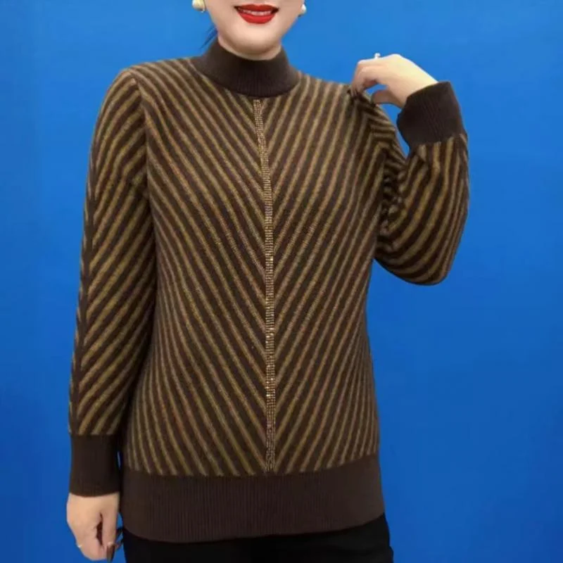 

Round Neck Pullover Long Sleeve Striped Contrasting Sweater for Women Casual Elegant Top