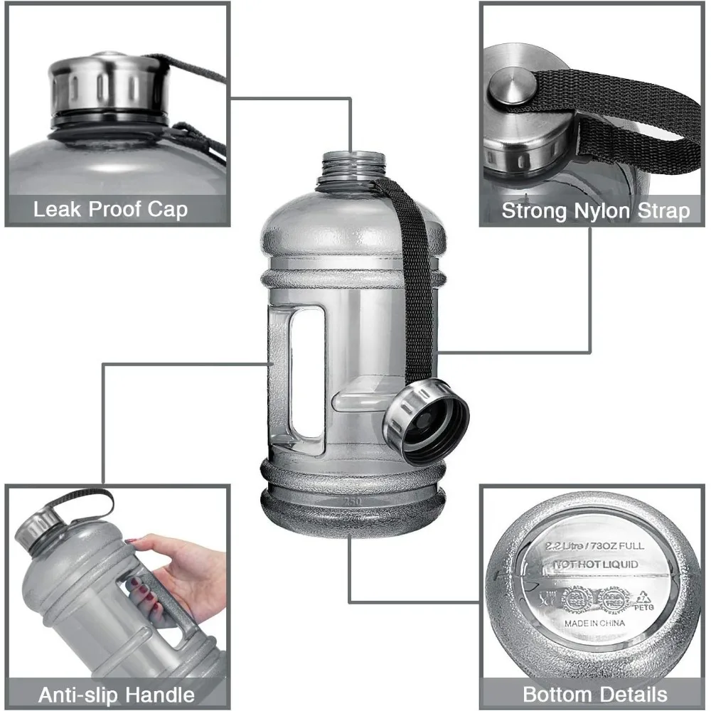 2.2L/73OZ زجاجة مياه نصف جالون كوب كبير مقاوم للتسرب رياضي طن مع مقبض حاوية مياه الشرب البلاستيكية لصالة الألعاب الرياضية في الهواء الطلق