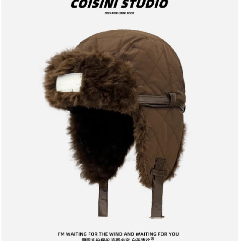 New Winter Thickened Plush Lei Feng Hat for Men and Women Outdoor Cycling Warm Patch Label Design Ear Protection Bomber Hats