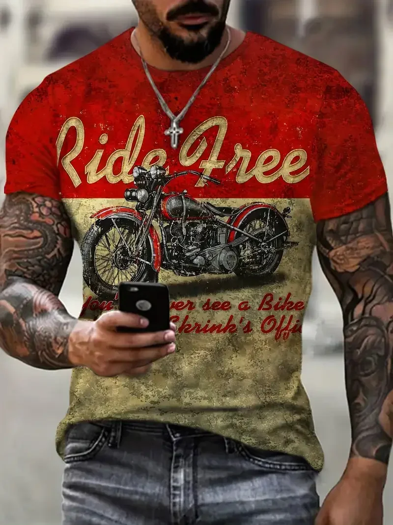 

Quick-drying new motorcycle pattern T-shirt fashionable men's retro 3D printing short-sleeved round neck T-shirt tops