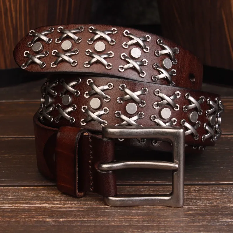 Studded Heavy Metal Style Belt Handmade Genuine Leather Punk Rock Style Men\'s Belt Cowhide Retro Tactical belt Jeans Belt