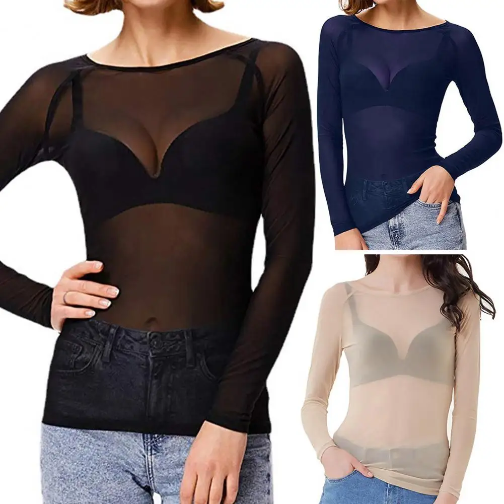 

Mesh Shirt Lightweight Long Sleeve Tops Stylish Sheer Mesh Tops Trendy O-neck Long Sleeve Tees for Women for Punk Club Beach