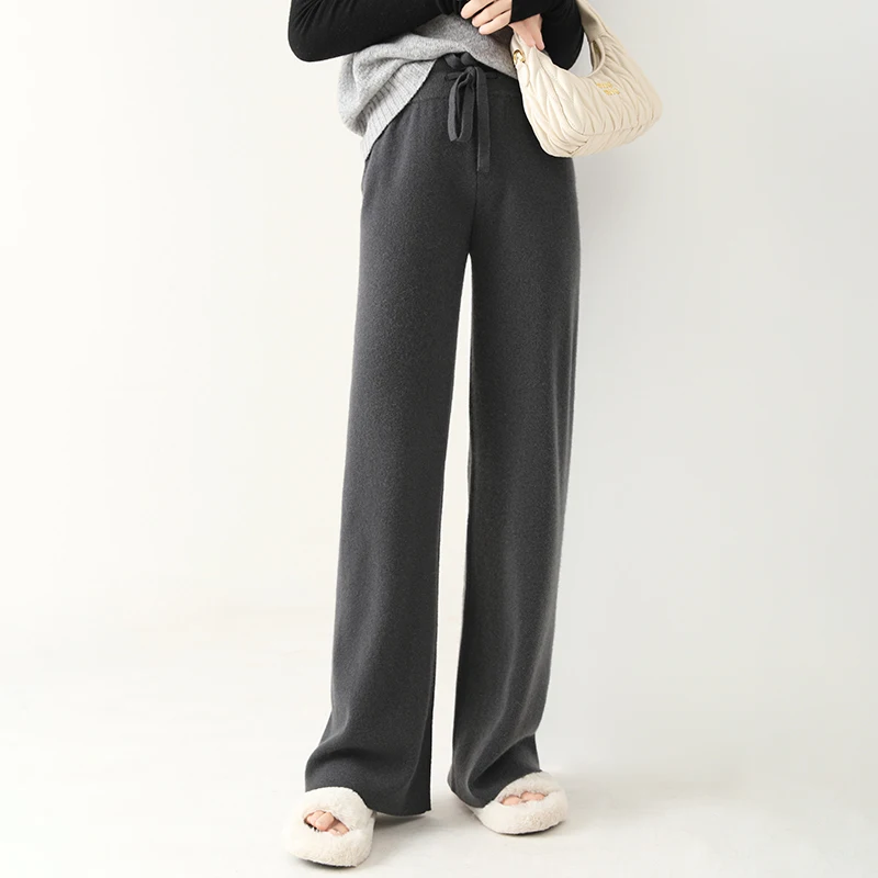 100% wool wide leg pants for women high waisted lace up cashmere straight leg floor pants outerwear autumn and winter pants