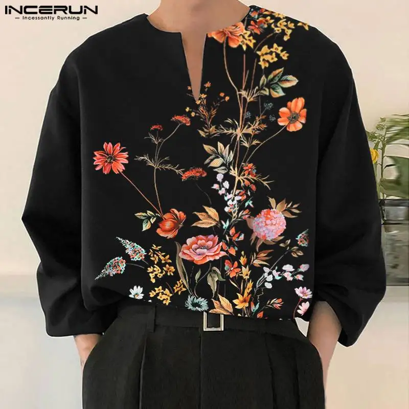 2023 Men Shirt Flower Printing V Neck Long Sleeve Streetwear Loose Men Clothing Autumn Fashion Casual Camisas S-5XL INCERUN