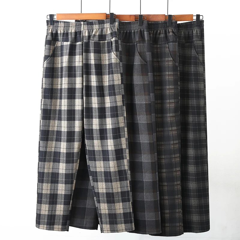 Spring Autumn Checkered Pants Cashmere Pattern Elastic Waist Women's Plus Size 2025 Casual Office Outdoor Pant