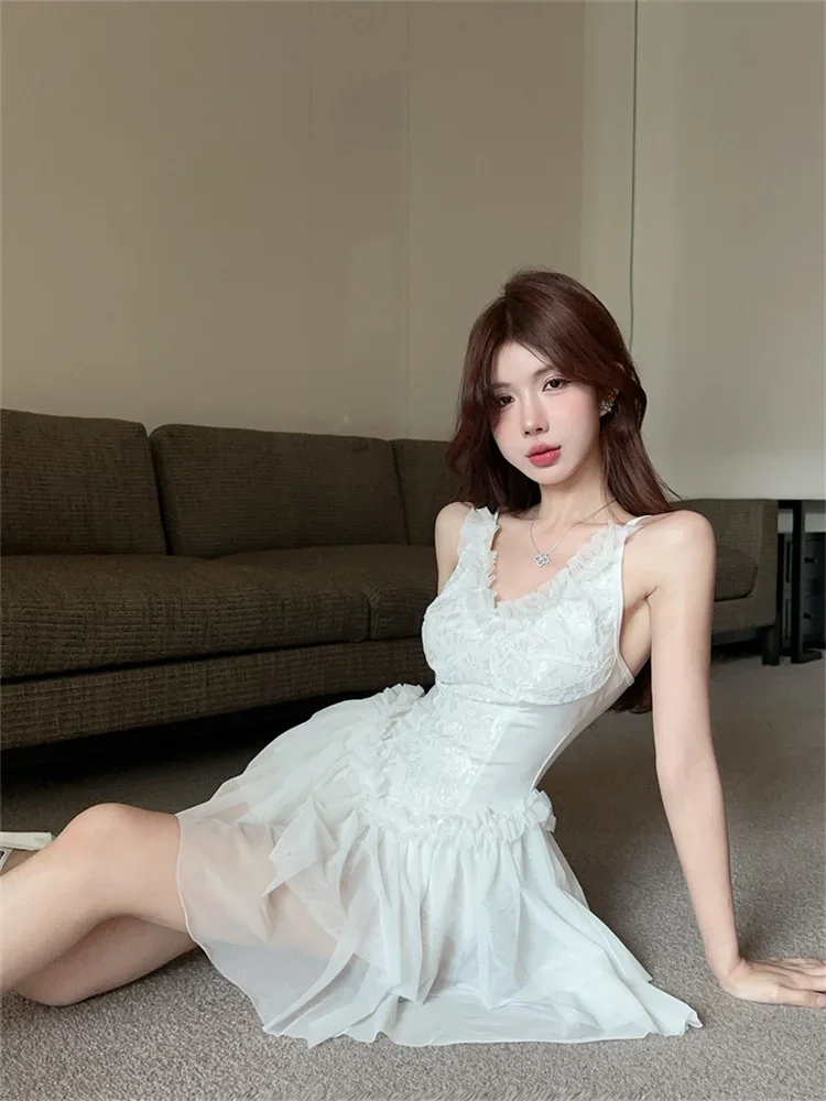 Prinses Stijl Sexy Feestjurk Lieve Meisjes Ruches Taille V-Hals A-Lijn Fee Kant Korte Witte Jurk Hemd Vestido Feminino